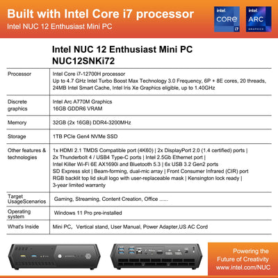 Intel NUC 12 Enthusiast Mini Gaming PC Serpent Canyon, 32GB RAM & 1TB SSD, Intel Core i7-12700H Prozessor (24M Cache, bis zu 4,70 GHz), Intel Arc A770M Grafik mit 16GB GDDR6 VRAM (NUC12SNKi72)