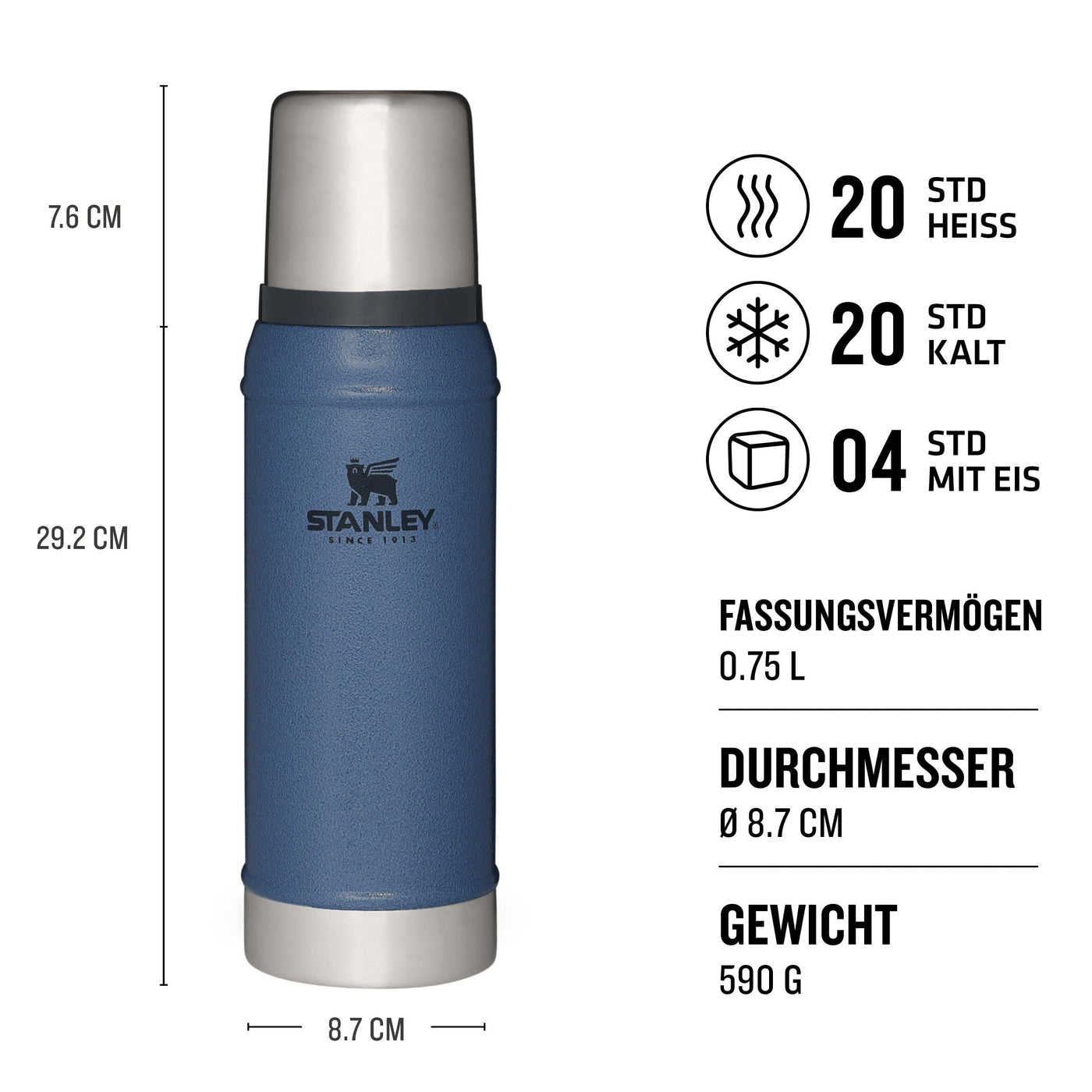 Stanley Classic Legendary Thermosflasche 750ml - Thermos Hält 20 Stunden Heiß oder Kalt - Edelstahl Thermoskanne - BPA-Frei - Spülmaschinenfest - Hammertone Lake