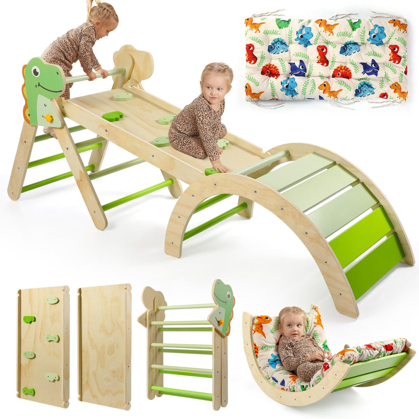 7-in-1 Montessori Kletterdreieck Set mit Rutsche, Kletterbogen & weichem Kissen – Holz Klettergerüst für Babys & Kleinkinder ab 1–3 Jahre, Indoor Spielgerät, faltbar & sicher (Dinosaur)