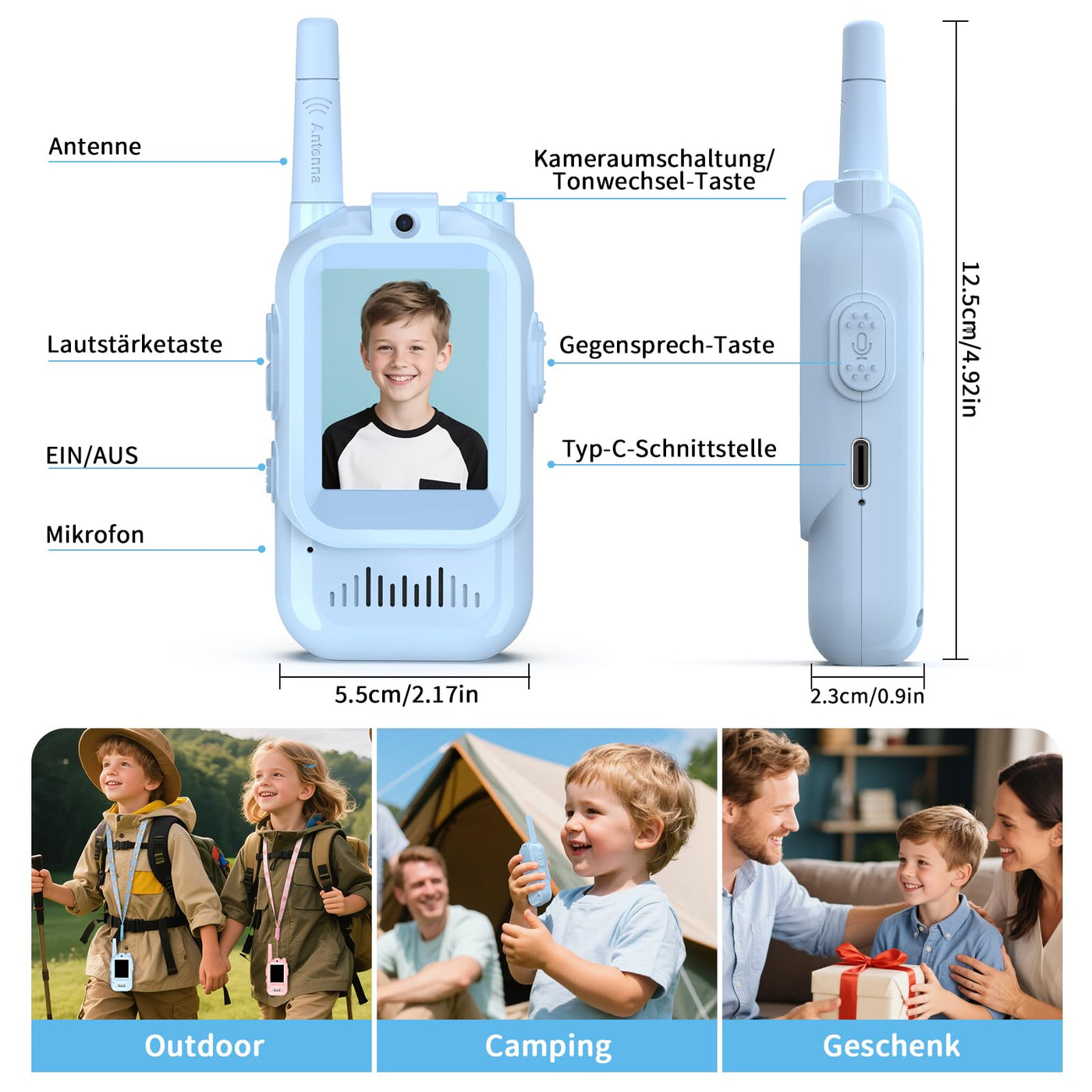 Video Walkie Talkie Kinder,2er Set Walky Talky Aufladbar,Spielzeug 3-12 Jahren Junge,5km Walki Talki für Abenteuer im Freien,Camping Wandern