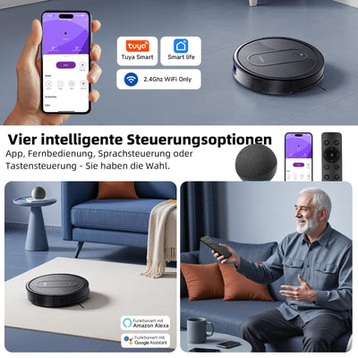 MONSGA Saugroboter mit Wischfunktion 3 in 1, Staubsauger Roboter 3000PA, Saugroboter mit 2 Bürsten, Selbstaufladend, WiFi, 140Mins, Ideal für Tierhaare, Teppich, Hartboden (Schwarz)
