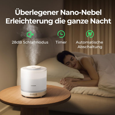 Homvana Luftbefeuchter Schlafzimmer, 1,8 L Top-Fill Kühlnebel Klein Luftbefeuchter für Baby Kinderzimmer, Pflanzen und Kinderheime, 3-in-1 Diffusor, Air Humidifier for Bedroom, Baby, Growbox, Pflanzen