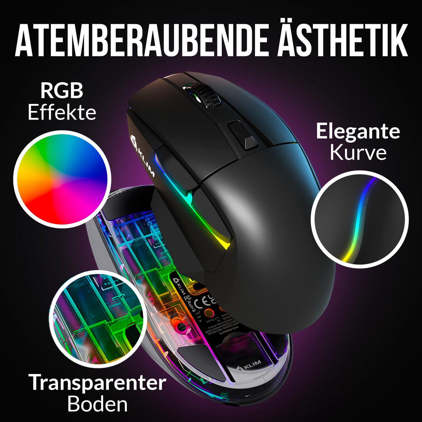 KLIM Blaze X RGB + NEU 2024 + Wiederaufladbare kabellose Gaming-Maus mit Ladestation + Langlebiger Akku + Bis zu 12000 DPI + Kabelgebundene & kabellose Maus PC, PS5, PS4, Mac + Schwarz