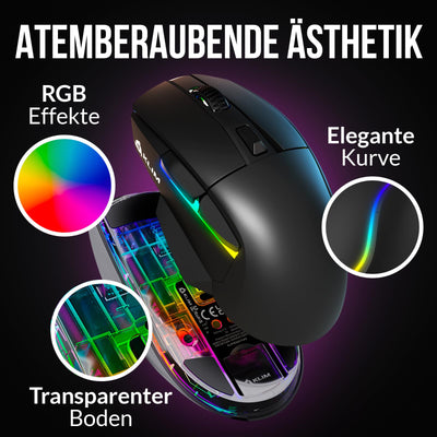 KLIM Blaze X RGB + NEU 2024 + Wiederaufladbare kabellose Gaming-Maus mit Ladestation + Langlebiger Akku + Bis zu 12000 DPI + Kabelgebundene & kabellose Maus PC, PS5, PS4, Mac + Schwarz
