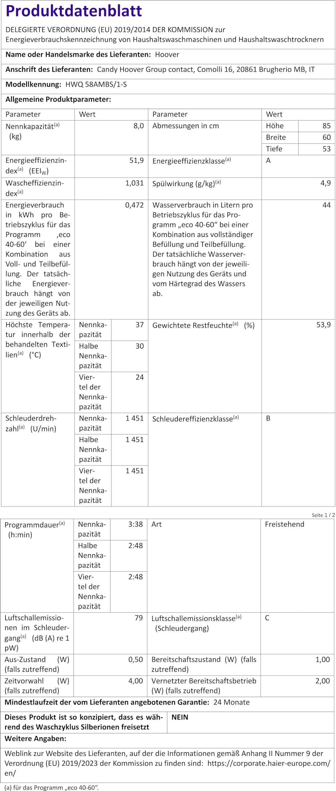Hoover H-WASH 500 HWQ 58AMBS Waschmaschine / 8kg / 1500 U/Min. / Eco-Power Inverter Motor/ActiveSteam Dampffunktion/Mengenautomatik Plus/Aquastop/WLAN