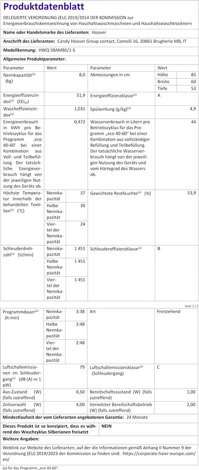 Hoover H-WASH 500 HWQ 58AMBS Waschmaschine / 8kg / 1500 U/Min. / Eco-Power Inverter Motor/ActiveSteam Dampffunktion/Mengenautomatik Plus/Aquastop/WLAN