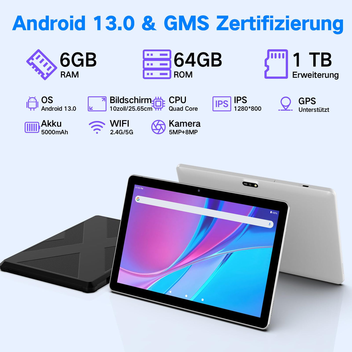 Winsing Tablet Android 10 Zoll mit Etui,Tablet 6GB RAM+64GB ROM+1TB Erweiterbar,WidevineL1 2.0GHz, 5MP+8MP Kamera,1280 * 800 IPS Tablette Unterstützt WiFi, BT 5.0,Bläulich Weiß