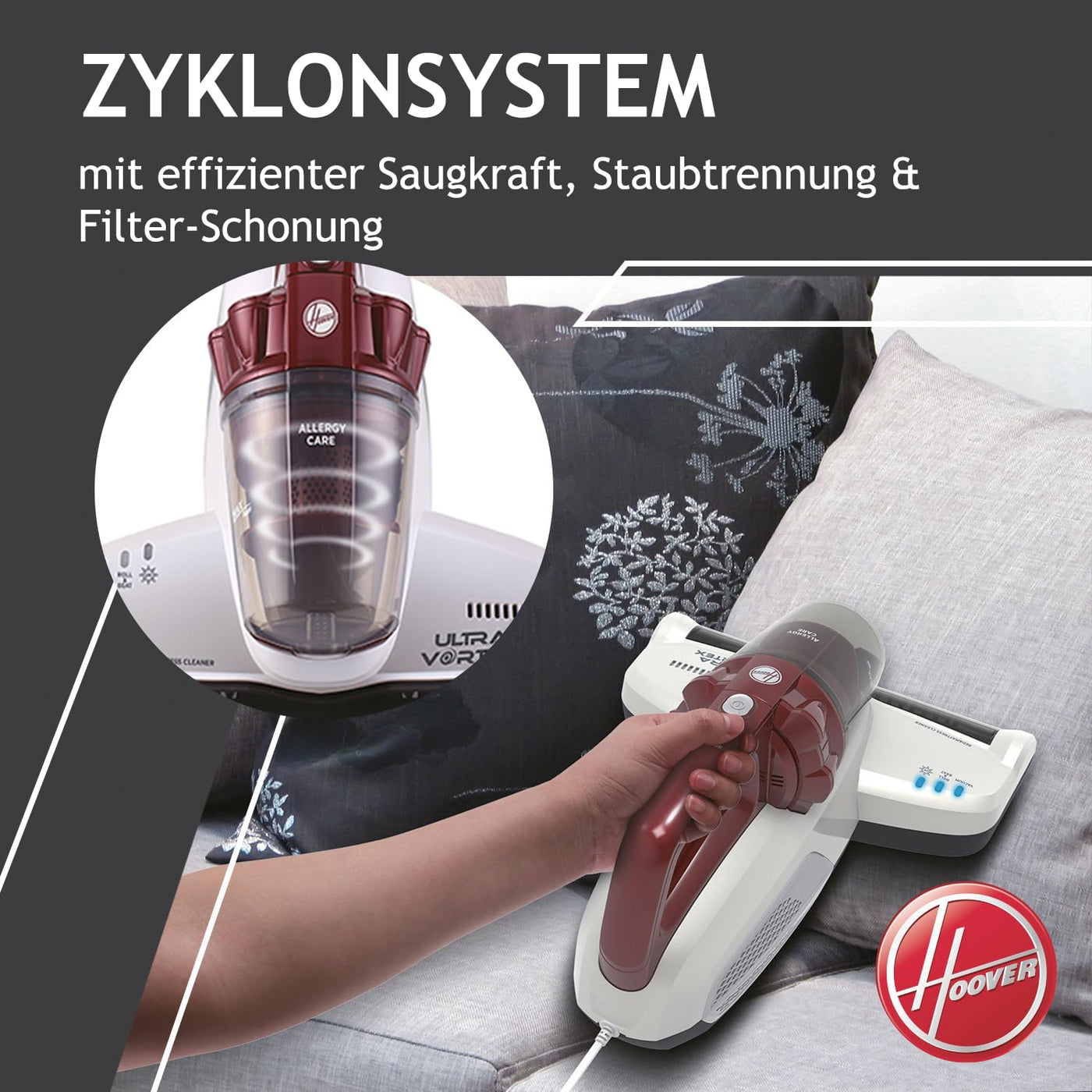 Hoover Ultra Vortex Milbensauger mit UV-Licht, bekämpft Bettwanzen – Polsterreiniger entfernt 99,9 % Bakterien, Allergene, Staub-Milben – Matratzenreiniger für hygienische Reinigung, für Allergiker
