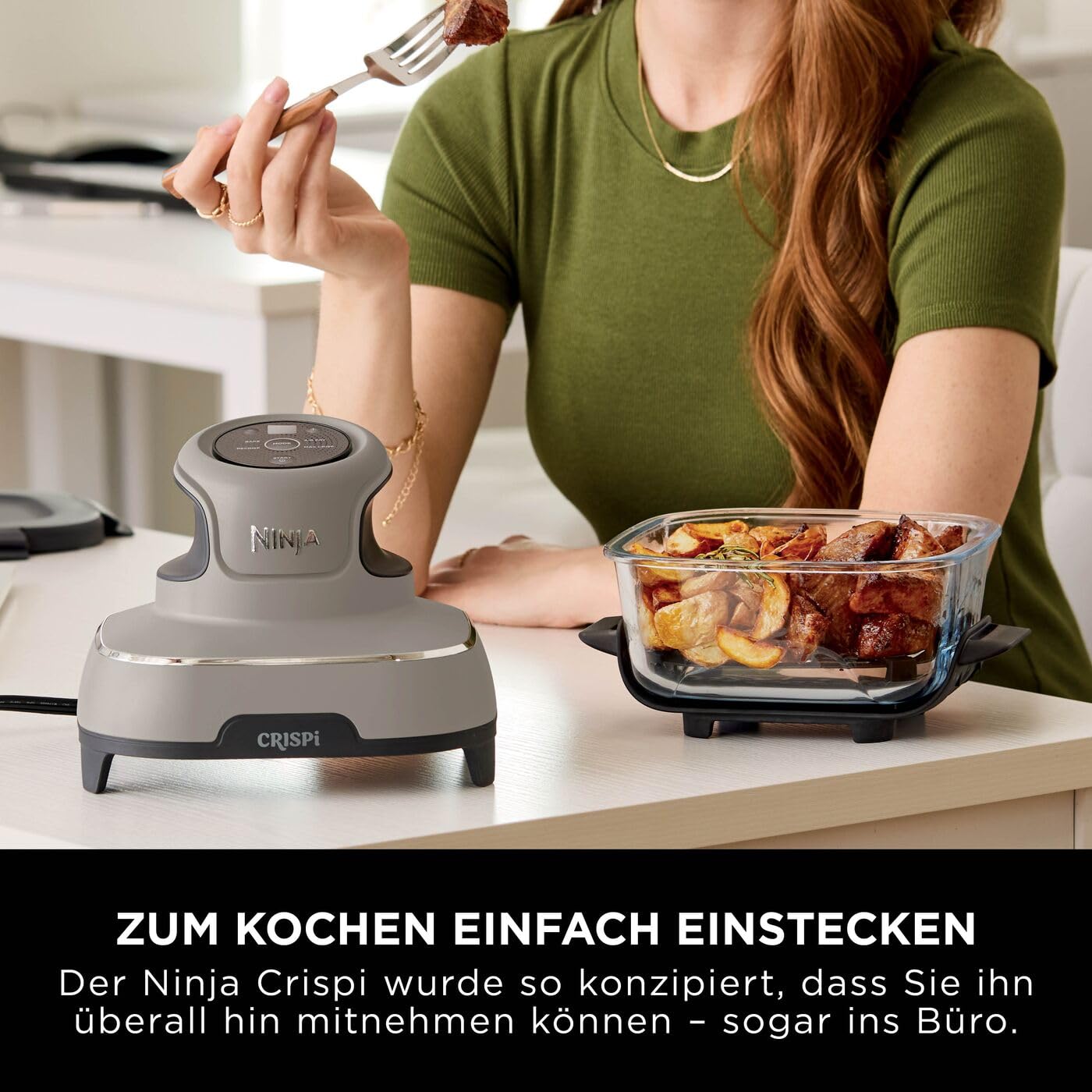 Ninja CRISPi tragbare Airfryer Heißluftfritteuse, 3,8 l, 4-in-1: Heißluftfrittieren, Braten, Warmhalten, Recrisp, kompakt, 6 Portionen, 2x herausnehmbare Glasbehälter & Deckel, 1700 W, Stein FN101EUST