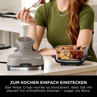 Ninja CRISPi tragbare Airfryer Heißluftfritteuse, 3,8 l, 4-in-1: Heißluftfrittieren, Braten, Warmhalten, Recrisp, kompakt, 6 Portionen, 2x herausnehmbare Glasbehälter & Deckel, 1700 W, Stein FN101EUST