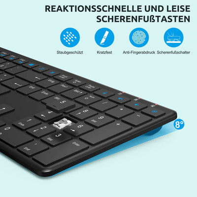 Tastatur Maus Set Kabellos, QCen 2,4GHz UltraDünn Kabellose Tastatur und Maus, Ergonomisch Funktastatur in Standardgröße mit 19 Sondertasten und einen Nummernblock, für PC, Laptop, Deutsches Layout
