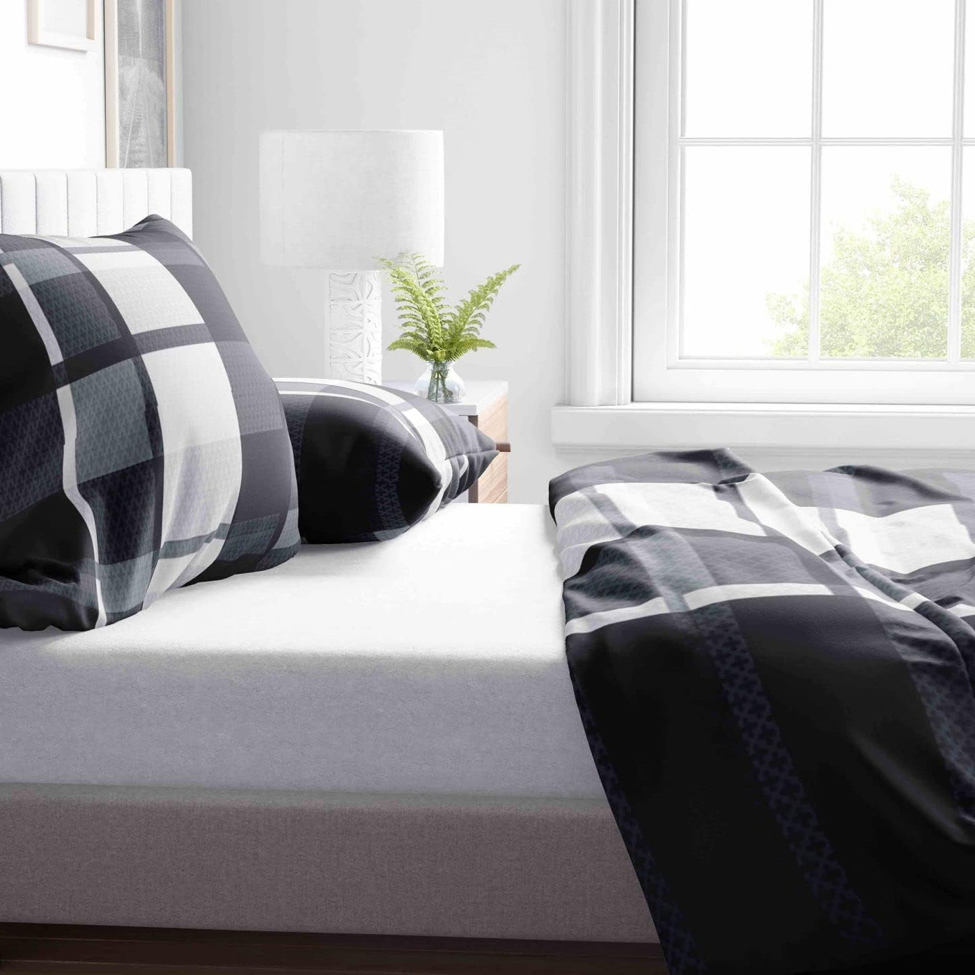 Leonado Vicenti Bettwäsche 135x200 4teilig Grau Schwarz Karo Bettbezug Kissenbezug Schlafzimmer Set Knitterfrei