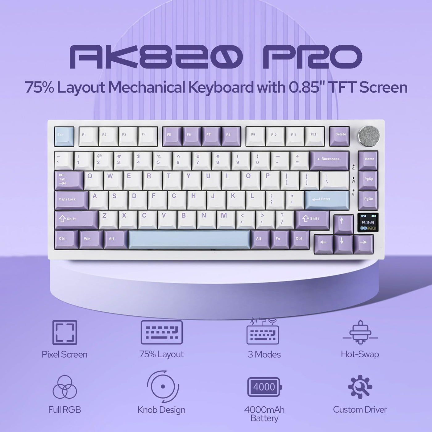 EPOMAKER Ajazz AK820 Pro Gasket Mechanische Tastatur mit Kabel/Bluetooth/kabellos, TFT Bildschirm, beleuchtet RGB, Schalldümpfende Foam für Win/Mac/PC (White Purple, Ajazz Gift Switch)