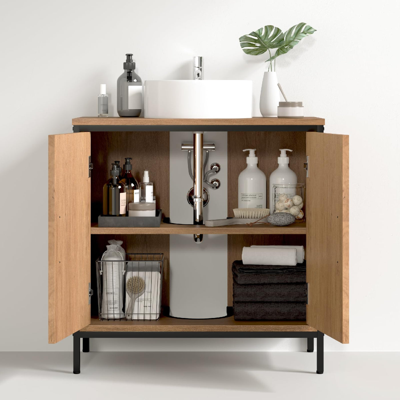 EUGAD Waschbeckenunterschrank 60x60x30 cm, Badezimmerschrank mit höhenverstellbarer Trennwand, Kleiner Schrank im Badezimmer, Badschrank aus Holzwerkstoff Metall, Schwarz