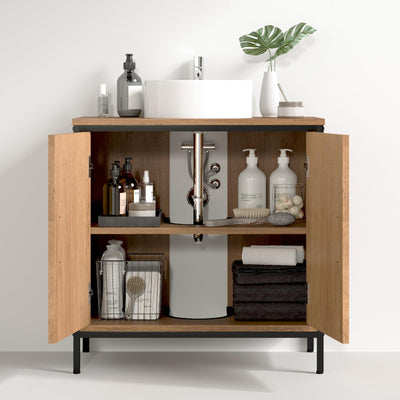 EUGAD Waschbeckenunterschrank 60x60x30 cm, Badezimmerschrank mit höhenverstellbarer Trennwand, Kleiner Schrank im Badezimmer, Badschrank aus Holzwerkstoff Metall, Schwarz