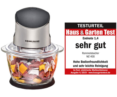 ROMMELSBACHER Multi Zerkleinerer MZ 400 – kraftvoller Motor, 4-flügeliges Spezialmesser aus Edelstahl, 1 Liter Glasbehälter, schwarz/Chrom gebürstet, 400 Watt