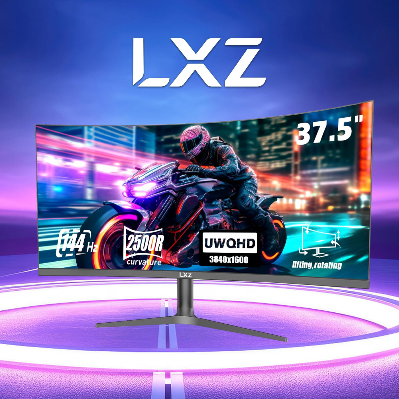 LXZ 37.5-inch Curved Gaming Monitor, 144Hz, 3840 * 1600P, 2500R, VA Display, Eye Protection, DP/HDMI Ports, Wall Mount Compatible - Black