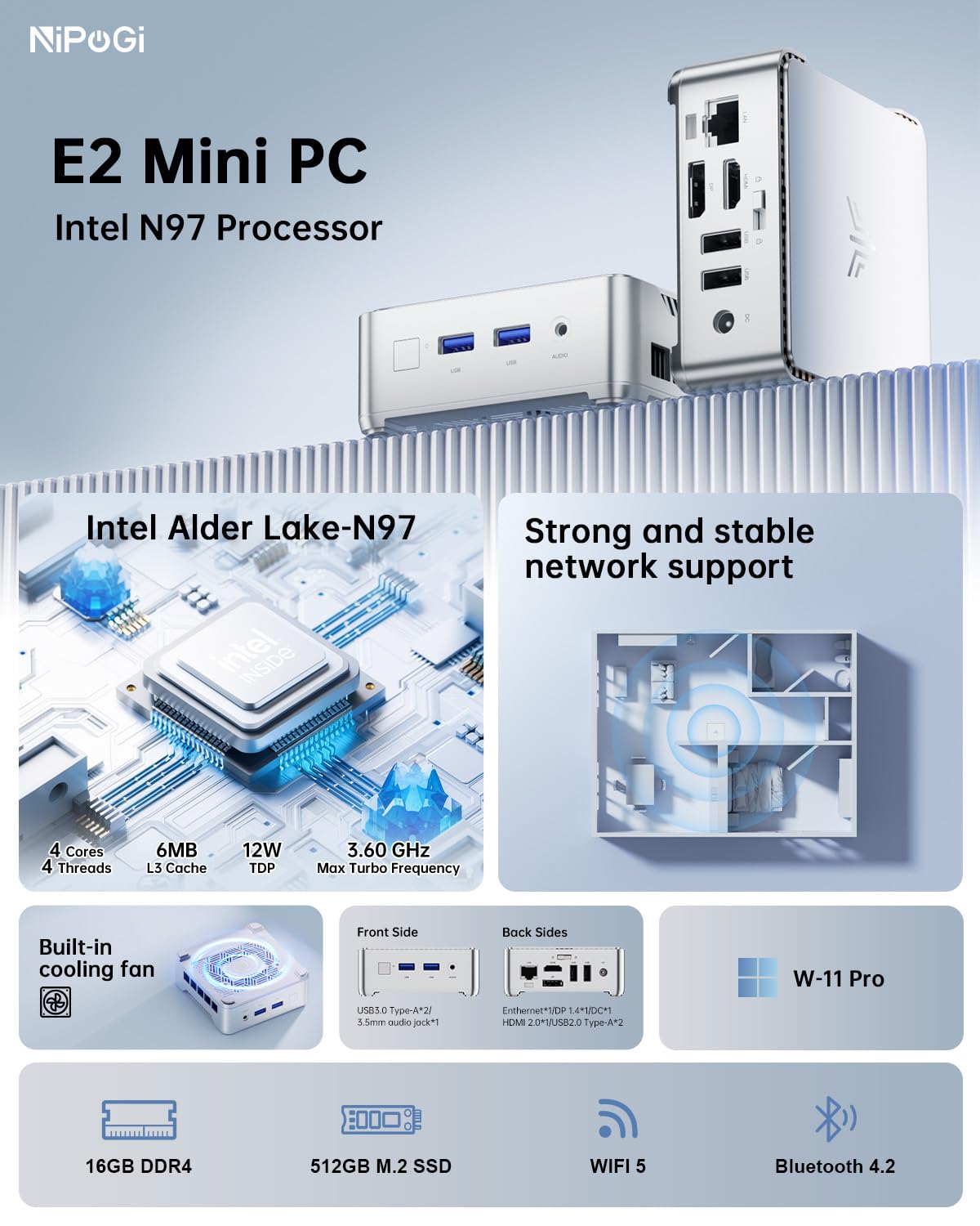 NiPoGi E2 Mini PC Intel Alder Lake-N97(bis zu 3,6 GHz), 16 GB DDR4 512 GB M.2 SSD Mini Desktop Computer W-11 Pro, 4K@60Hz Dual Display, HDMI 2.0, DP, Dual-WiFi, VESA-Halterung für Schule, Büro.