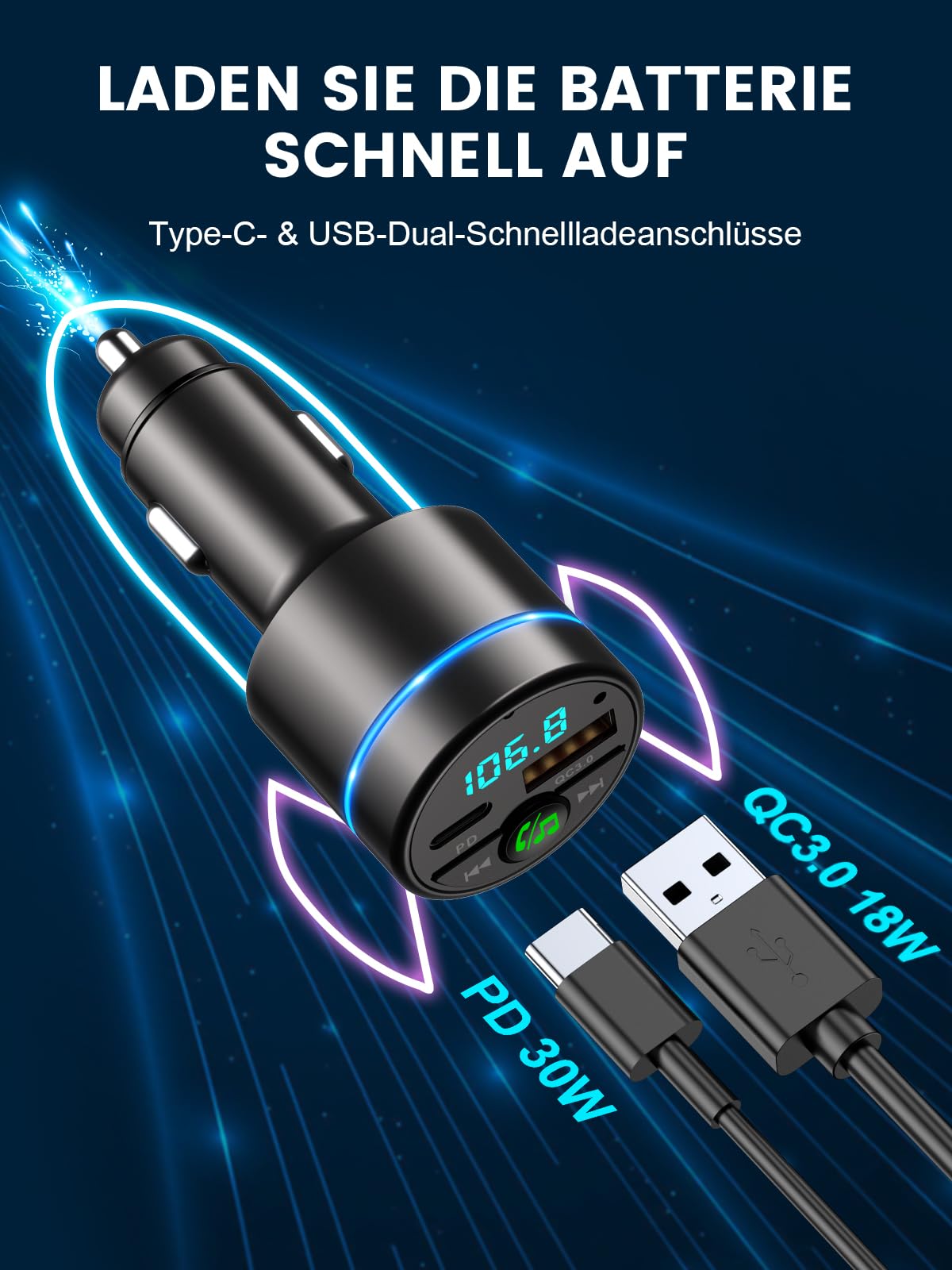 Mohard Bluetooth Adapter Auto, Ganzmetall FM Transmitter Auto Bluetooth mit PD 30W & QC3.0 18W Schnellladung, Freisprechanlage Bluetooth5.3, Rauschunterdrückung Mikrofon, 7 Farbige Licht