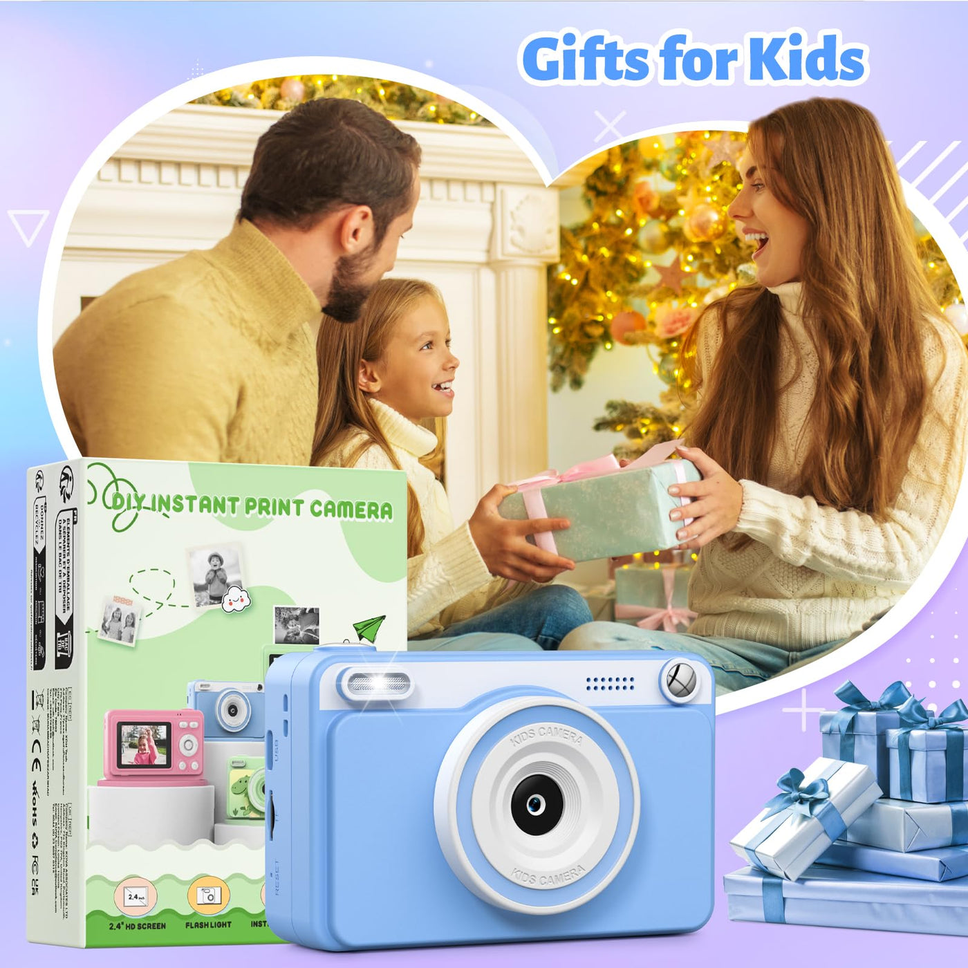 GREENKINDER Sofortbildkamera Kinder, 2.4 Zoll Bildschirm Kinderkamera Sofortbildkamera mit 32GB Karte & 5 Rollen Druckpapier,1080P Kamera Kinder Sofortdruck, Geschenk für 3-12 Jungen und Mädchen(Blau)