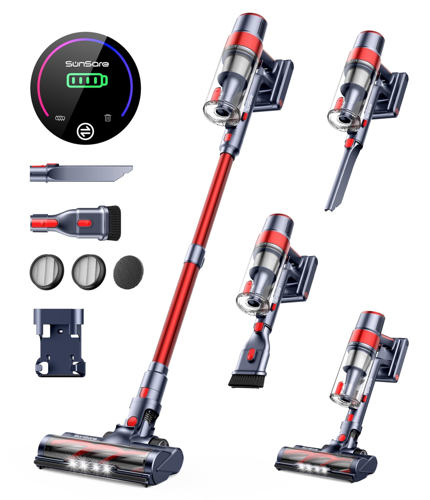 SunSare Akku Staubsauger 450W/40000PA,Staubsauger Kabellos Bis zu 55Mins Laufzeit mit LED Display Leichter Antiverwicklung Akkusauger, Super Leise akkustaubsauger für Hartböden Teppiche Tierhaare
