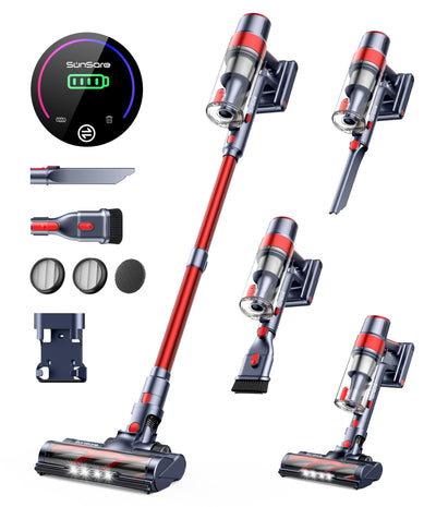 SunSare Akku Staubsauger 450W/40000PA,Staubsauger Kabellos Bis zu 55Mins Laufzeit mit LED Display Leichter Antiverwicklung Akkusauger, Super Leise akkustaubsauger für Hartböden Teppiche Tierhaare