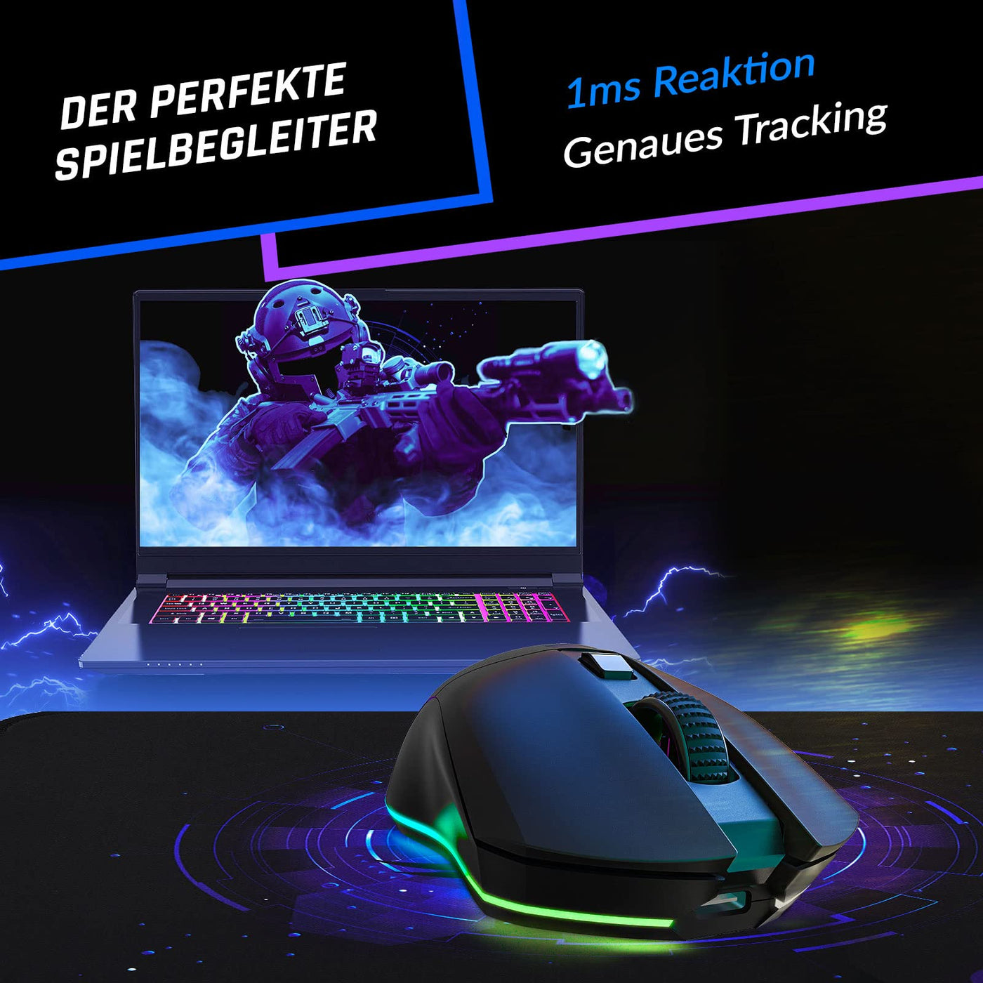 KLIM Blaze Pro Wiederaufladbare kabellose Maus - NEU 2024 - Gaming Maus mit RGB und Ladestation - Hochpräziser Sensor und langlebiger Akku - Bis zu 6000 DPI - Kabel- und Wireless Mouse für PC