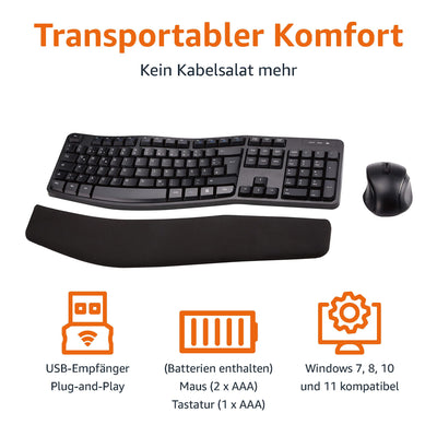 Amazon Basics – Tastatur-Maus-Set, ergonomisch, kabellos, DE Layout - schwarz