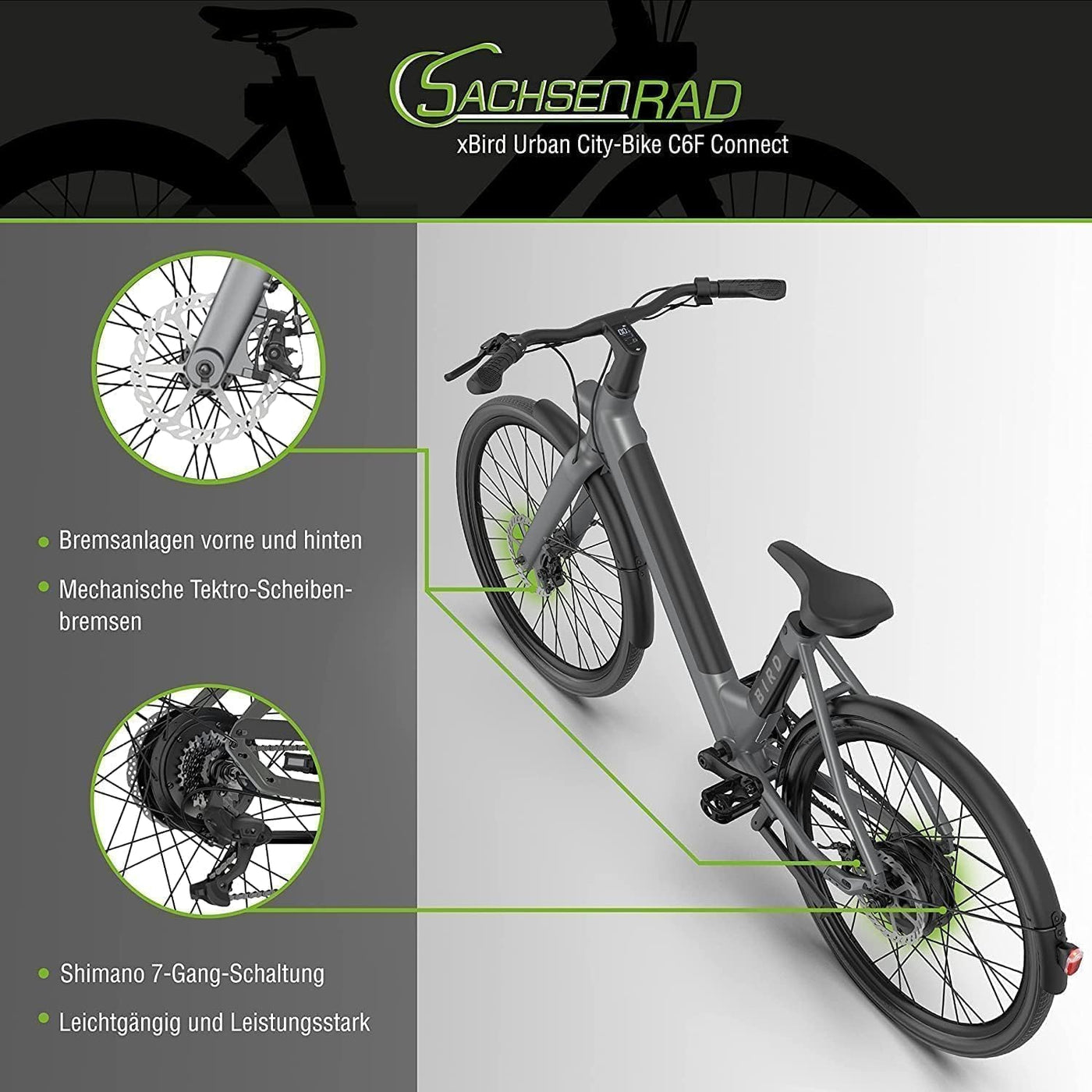 SachsenRAD xBird Urban City-Bike C6F Connect Mit Diebstahlschutz APP | Modernes Design E-Bike Elektrofahrrad mit Integriertes LCD Display und StVZO-zugelassene LED-Leuchten für 150-180CM