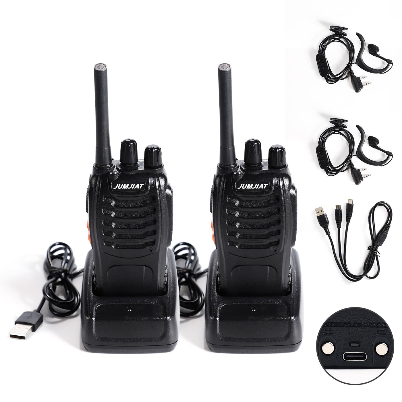 JUMJIAT Walkie -Talkie 16 Kanälegroße Reichweite Funkgeräte,Walkies talkies Eingebauter LED Taschenlampe, USB-Ladestation Cable mit Type-C und Headset (2 Stück)