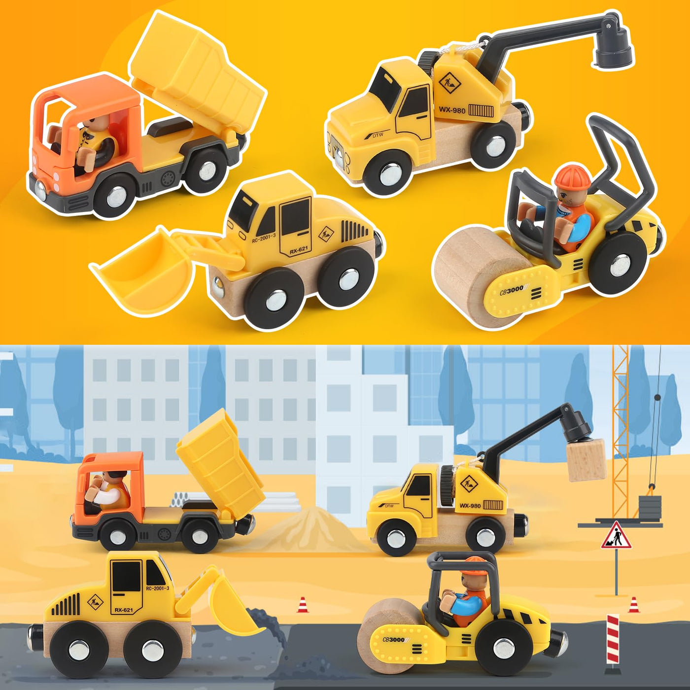 Vanplay Baustellenfahrzeuge Kinder Kran Spielzeug Holzspielzeug Baustelle Spielzeug ab 3 Jahre Junge mit Turmkran Bagger Kranwagen Muldenkipper Straßenwalze Geschenk 3 4 5 Jahre Junge