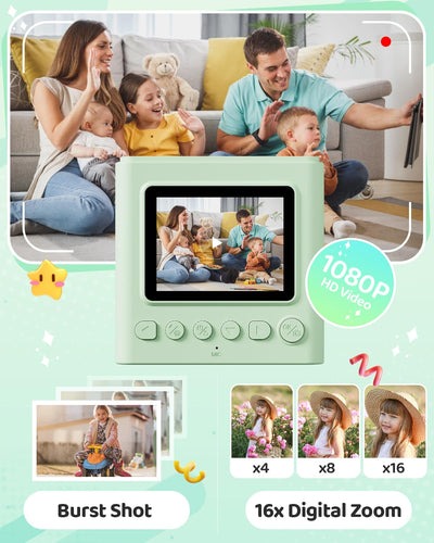 TIATUA Kinderkamera Sofortbildkamera, 2,4 Zoll Sofortbildkamera Kinder mit 32G Karte und Fotopapier Drucken, 1080P HD Digitalkamera Kinder, Geschenke für Jungen und Mädchen 3-12 Jahre (grün)