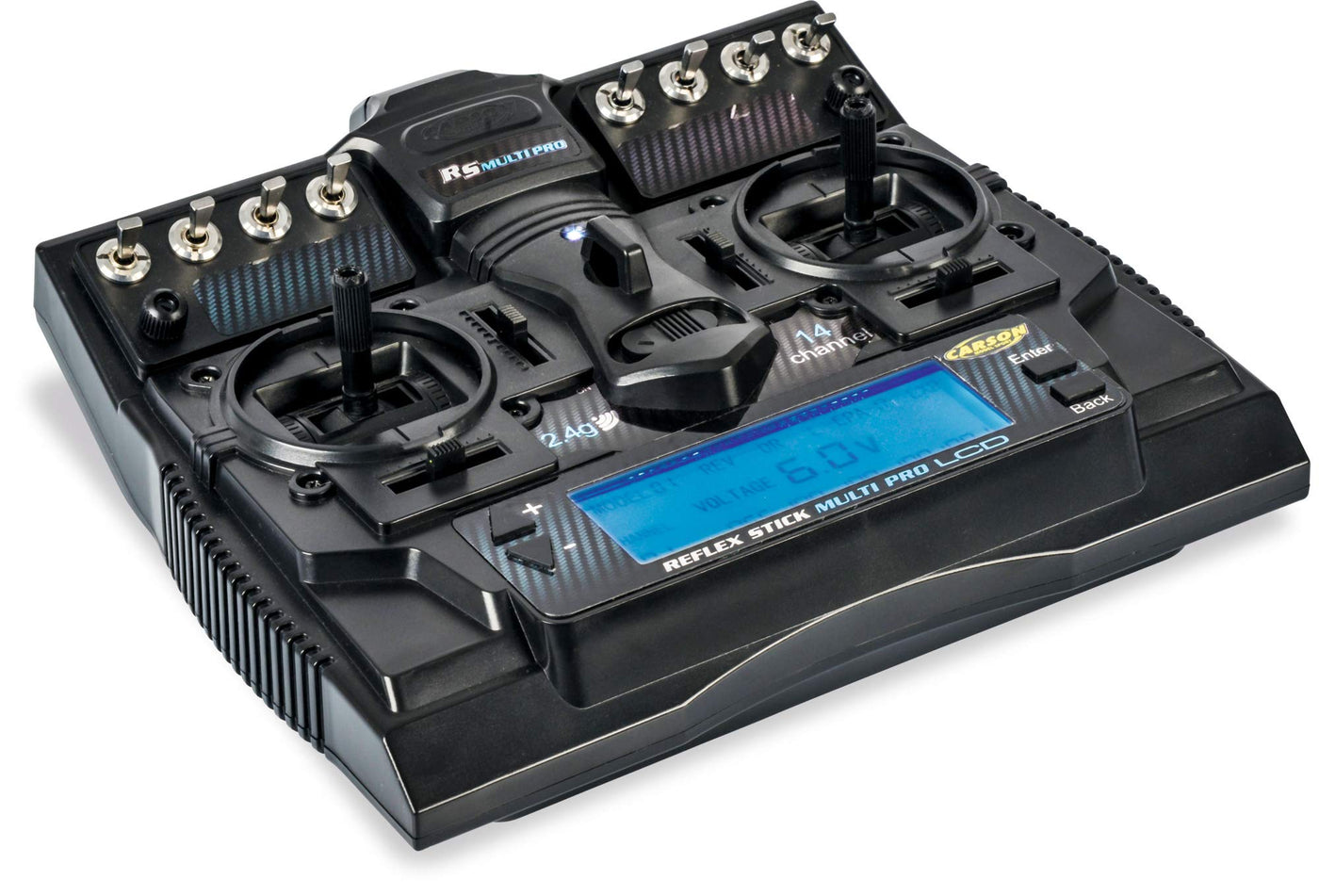 Carson 500501004 FS Reflex Stick Multi PRO LCD 2.4 GHz – 14-Kanal-Fernsteueranlage, Fernbedienung mit Empfänger für Modellbau-Fahrzeuge wie RC Autos und Schiffe