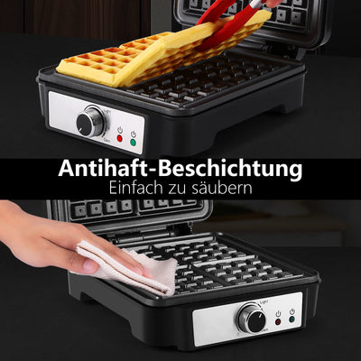 YASHE Waffeleisen Belgische Waffel, 4-Scheiben Quadratisches Belgisches Waffeleisen, 5 Bräunungsknopf, Kontrollleuchten, Anti-Überlauf, Antihaftbeschichtung, 1200W, Silber/Schwarz