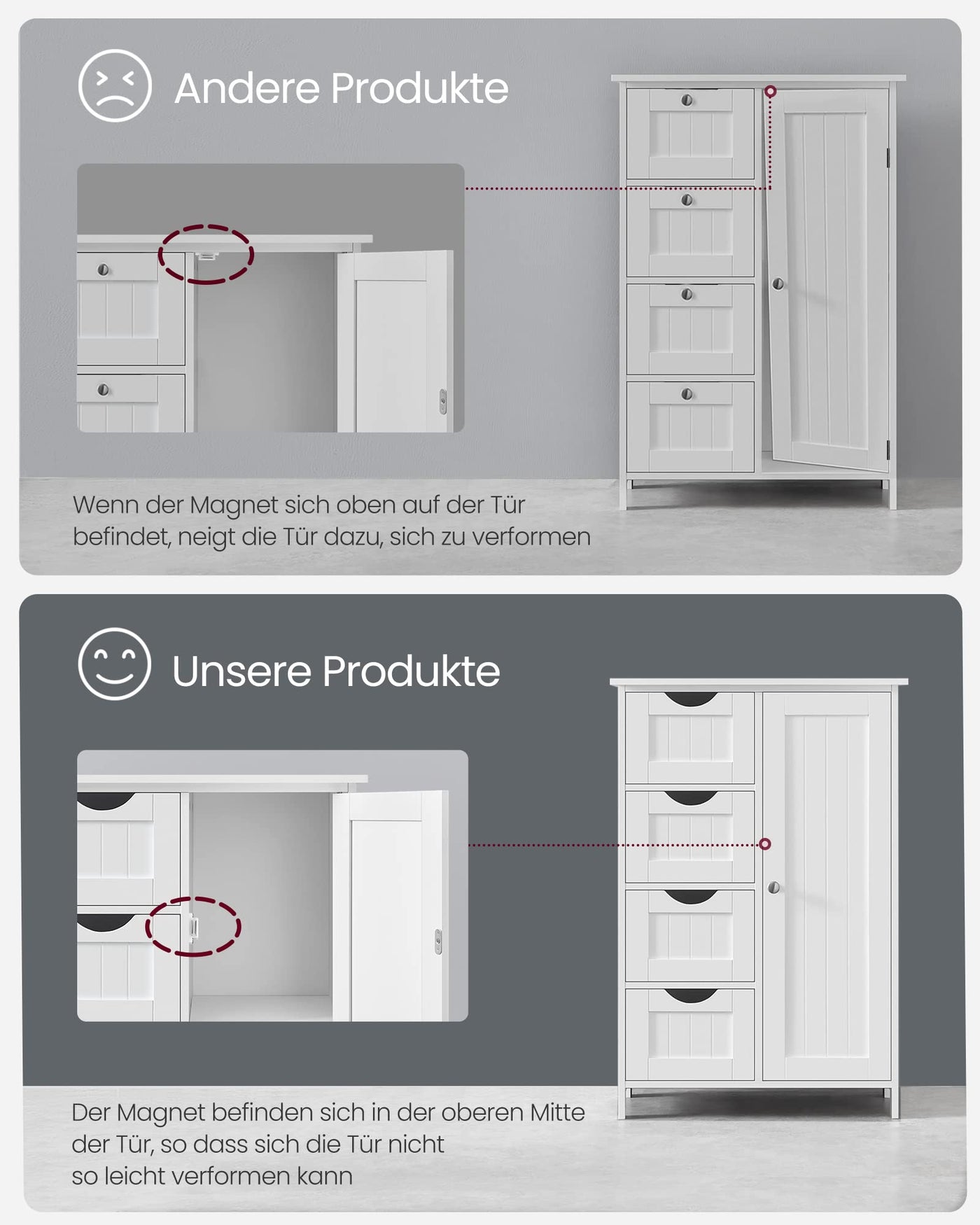 VASAGLE Badezimmerschrank, schmaler Badschrank, Beistellschrank, Kommode, mit 4 Schubladen, Schranktür, verstellbare Ablage, 30 x 55 x 82 cm, weiß LHC41W