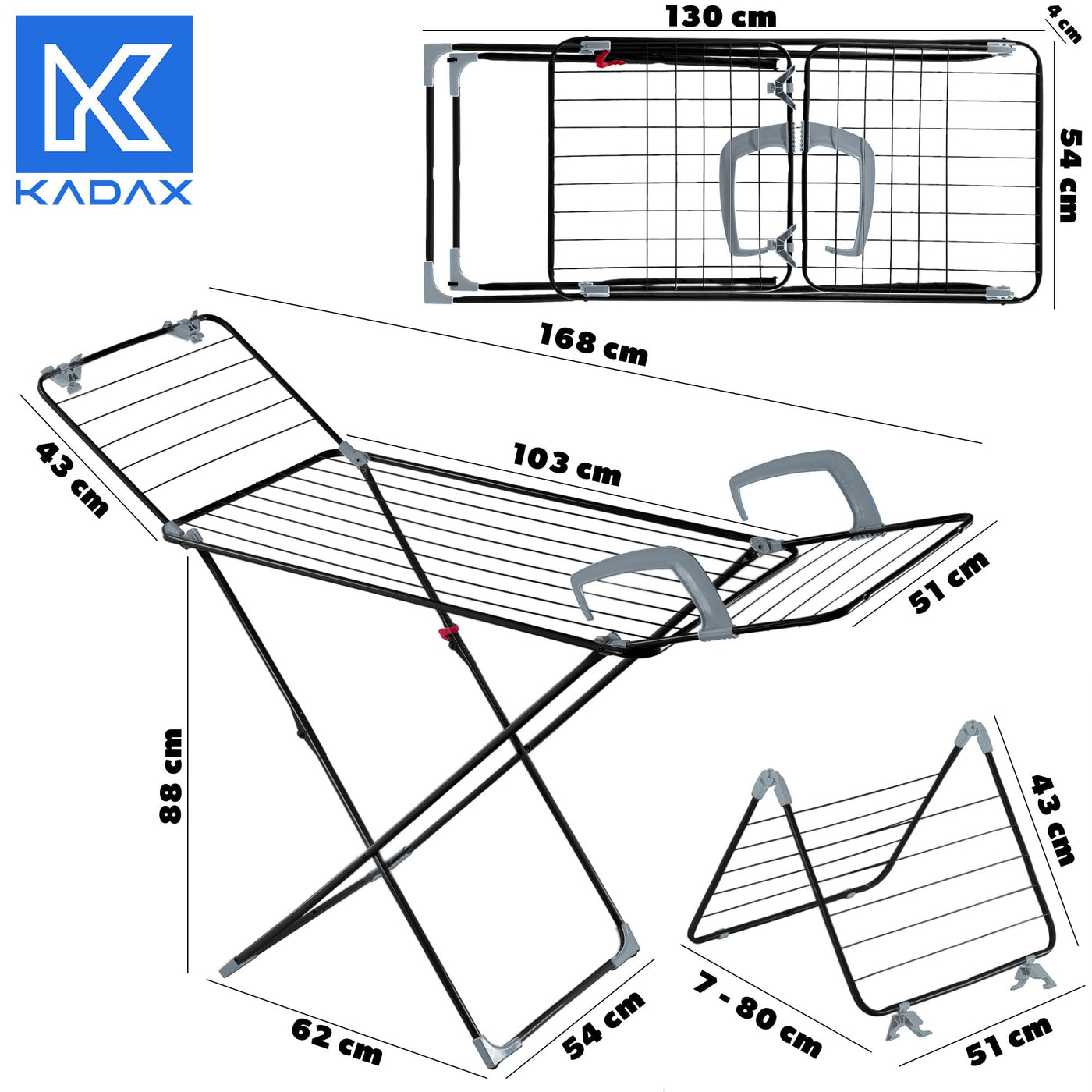 KADAX Wäscheständer 3in1, Standtrockner mit Rädern, Wäschetrockner für Heizung und Badewanne, Flügelwäschetrockner mit 18m Trockenfläche (Schwarz)