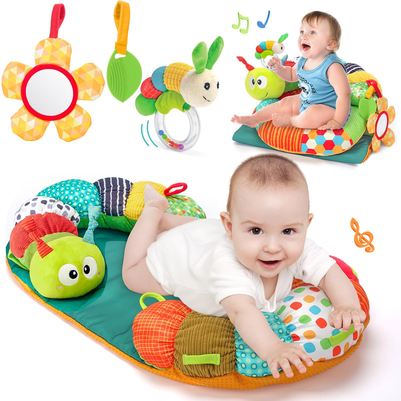 hahaland Baby Spielzeug 3 6 9 12 Monate,3 in 1 Abnehmbar Raupe für Baby Bauchlage Helfen Sitzen Stützen,Tummy Time Toys Spielkissen mit Rassel, Beißring, Spiegel für Babyspielzeug ab 0-6-12 Monate