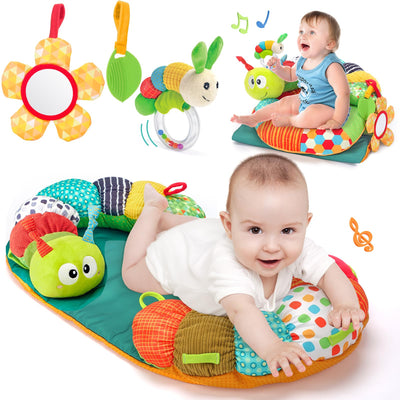 hahaland Baby Spielzeug 3 6 9 12 Monate,3 in 1 Abnehmbar Raupe für Baby Bauchlage Helfen Sitzen Stützen,Tummy Time Toys Spielkissen mit Rassel, Beißring, Spiegel für Babyspielzeug ab 0-6-12 Monate