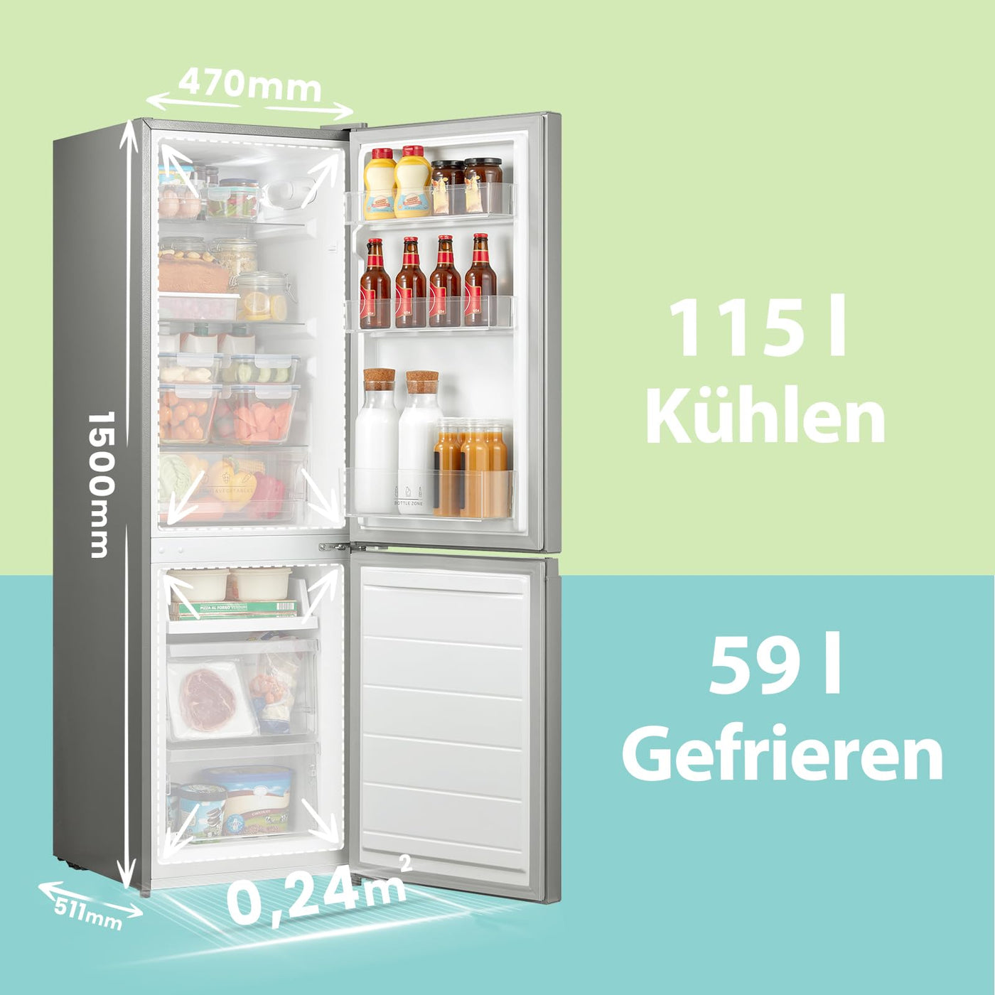 Comfee RCB169DS2(E) Kühl-/Gefrierkombination/150 cm Höhe/Low Frost/Einstellbare Kühlschranktemperatur/LED-Licht/195 kWh/Jahr/115L Kühlteil/59L Gefrierteil/Silber