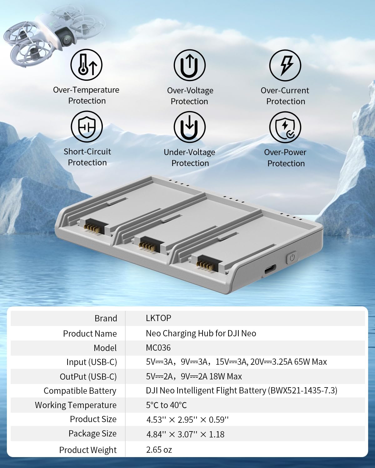 LKTOP Ersatz DJI Neo Zwei-Wege-Ladehub 65W Superschnelles Batterieladegerät USB-C Parallelstromadapter für DJI Neo Drohnenzubehör, Speicher-/Ausgangsmodus (Laden Sie 3 Akkus gleichzeitig:45min)