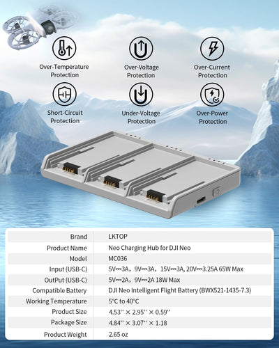 LKTOP Ersatz DJI Neo Zwei-Wege-Ladehub 65W Superschnelles Batterieladegerät USB-C Parallelstromadapter für DJI Neo Drohnenzubehör, Speicher-/Ausgangsmodus (Laden Sie 3 Akkus gleichzeitig:45min)