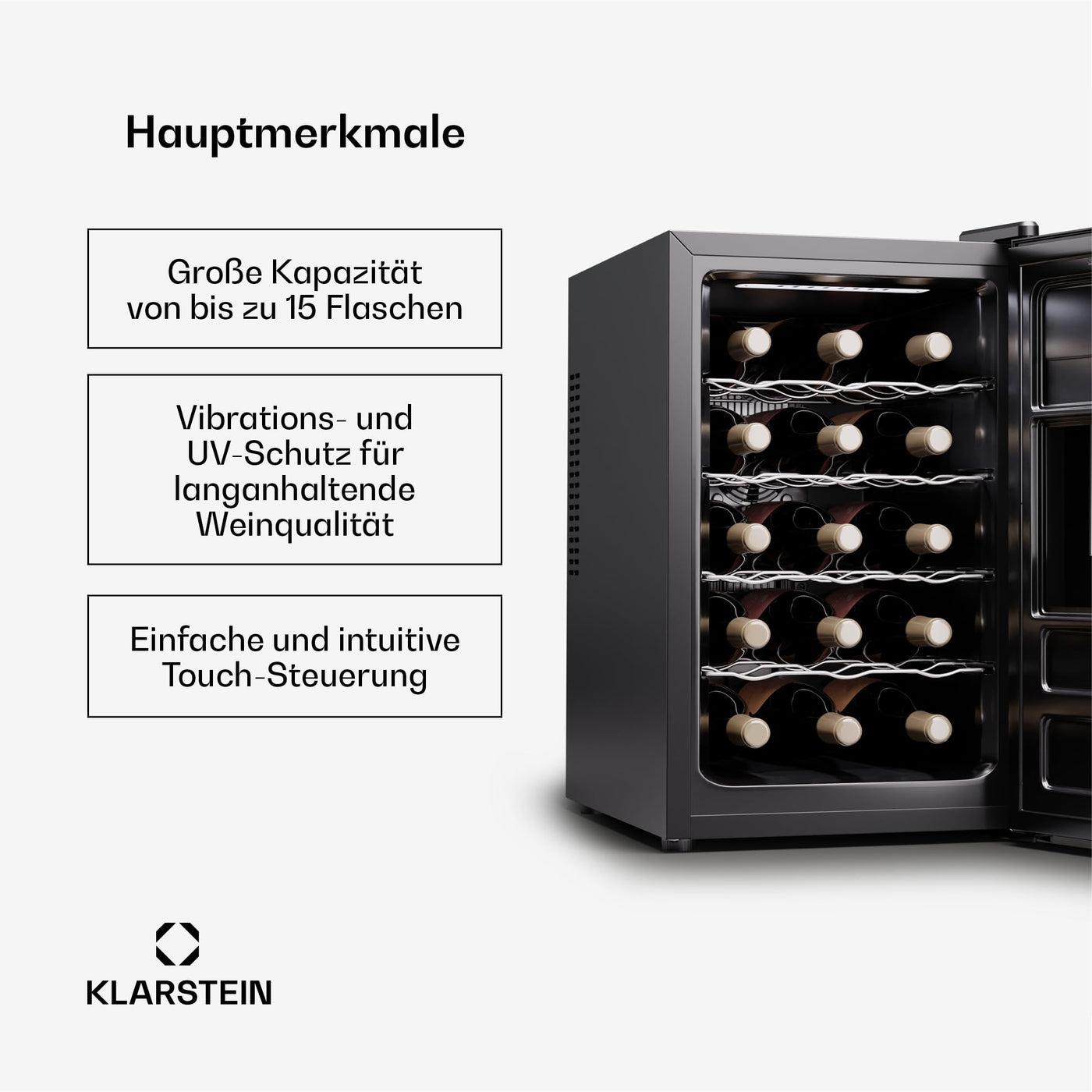 Klarstein Freistehender Weinkühlschrank 1 Zone, Getränkekühlschrank Klein, Kleiner Weinschrank, Wein-Kühlschrank Klein mit Glastür, Indoor/Outdoor Flaschenkühlschrank, Wine Fridge, 15 Flaschen