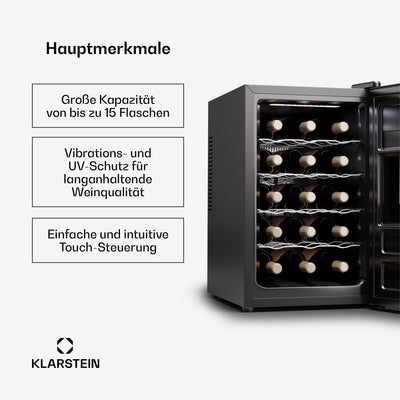 Klarstein Freistehender Weinkühlschrank 1 Zone, Getränkekühlschrank Klein, Kleiner Weinschrank, Wein-Kühlschrank Klein mit Glastür, Indoor/Outdoor Flaschenkühlschrank, Wine Fridge, 15 Flaschen