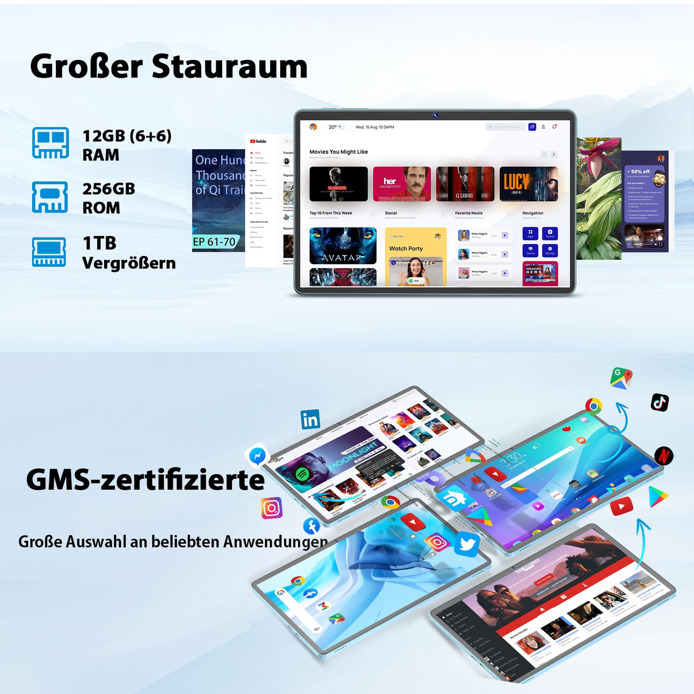 JJGJ Android Tablets,11 Zoll Tablet Android 14 mit Tastatur, 12GB+256GB, 1TB Expand, Octa-Core, 8000mAh, 2.4G/5G WiFi, 13MP+5MP Kamera, 2 in 1 mit Tastatur Tasche, Maus, Stylus(Schwarz)