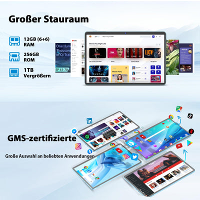 JJGJ Android Tablets,11 Zoll Tablet Android 14 mit Tastatur, 12GB+256GB, 1TB Expand, Octa-Core, 8000mAh, 2.4G/5G WiFi, 13MP+5MP Kamera, 2 in 1 mit Tastatur Tasche, Maus, Stylus(Schwarz)