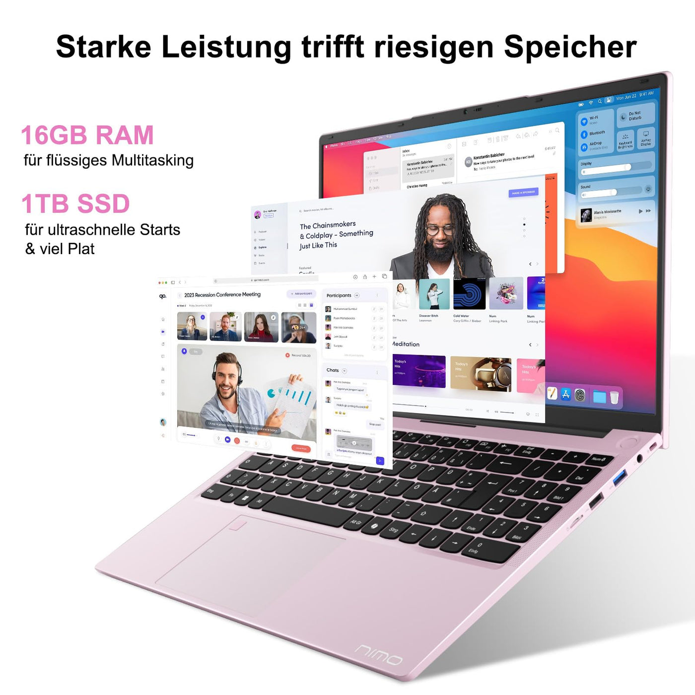 NIMO Roségold Laptop 15,6 Zoll Full HD: 16GB RAM, 1TB SSD, Intel N100, WLAN-Konnektivität, USB-C 65W, Fingerabdruck, Beleuchtete Tastatur, Leichter Computer für Arbeit & Studium