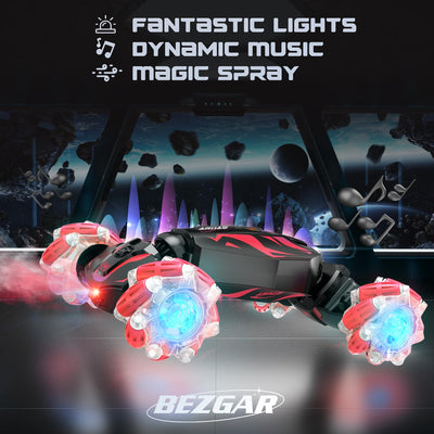 BEZGAR Ferngesteuertes Auto - Autos mit handsteuerung 4WD 2,4 GHz RC Auto für Kinder, Verwandeln Stunt car mit LED Sprühnebel Musik, Geschenk Junge Spielzeug ab 5 6 7 8 Jahre, Rot