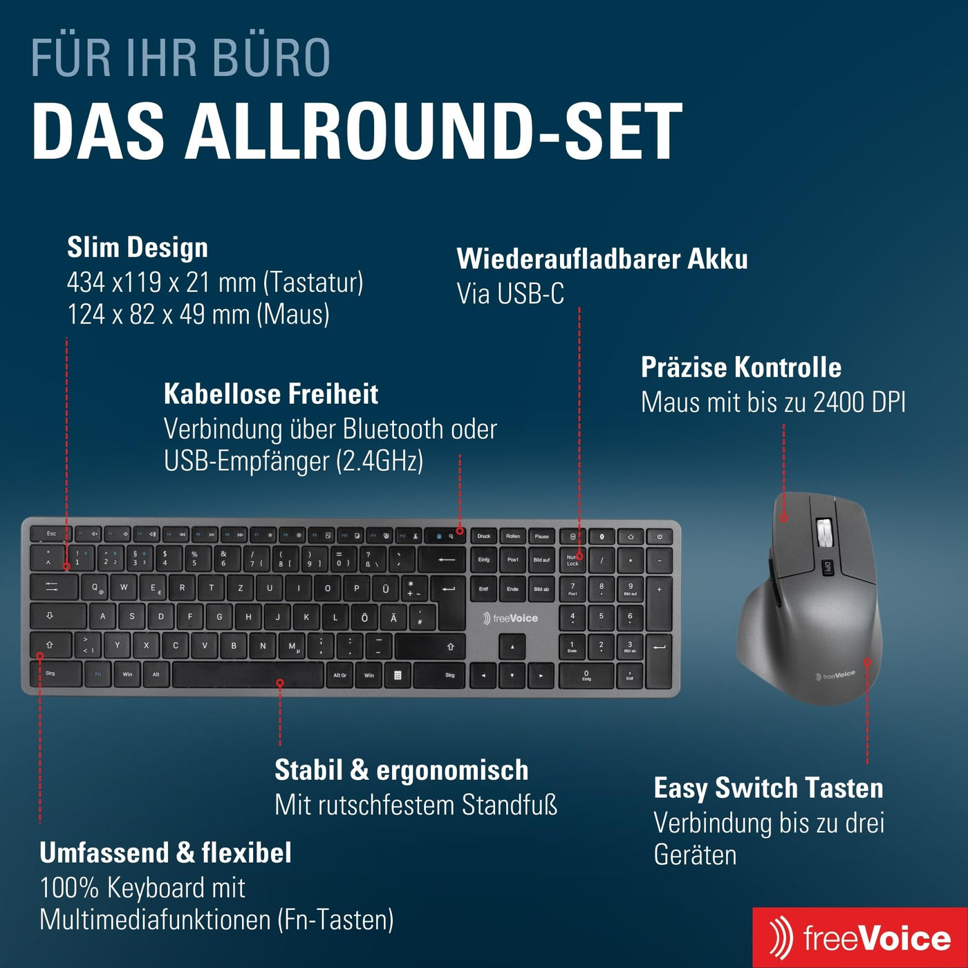 freeVoice Tastatur Set inkl. Maus I Kabellose & wiederaufladbare Tastatur für Laptop & Computer I Leise Computer-Tastatur mit Easy-Switch Taste I Flaches Keyboard für Büro, Zuhause & Home-Office