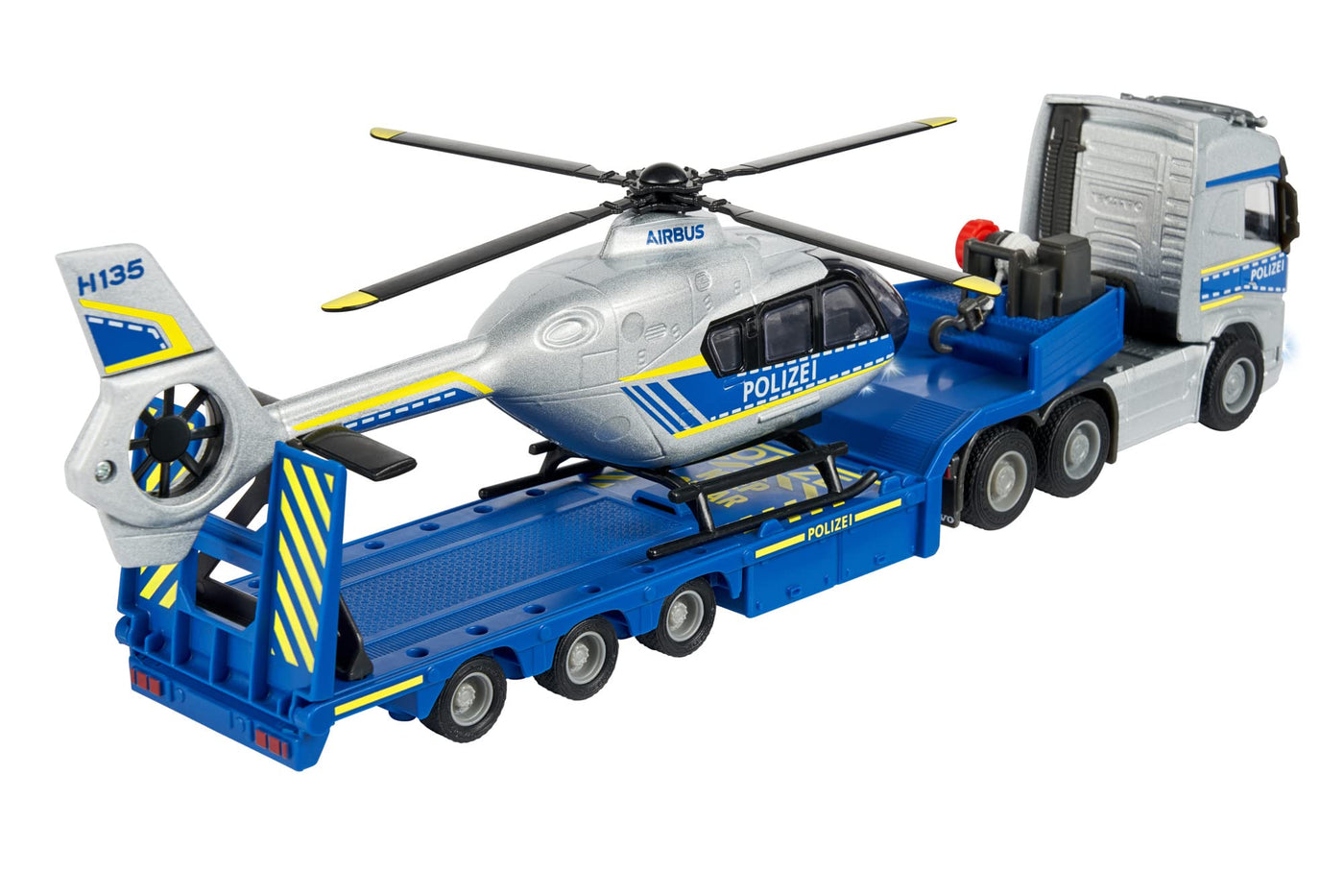 Majorette - Volvo Polizei-Transporter FH-16 (35 cm) – LKW mit Auflieger und Airbus Hubschrauber (25,5 Licht & Sound vielen Funktionen - Spielzeug-Set für Kinder ab 3 Jahren, 213716000, Einheitsgröße
