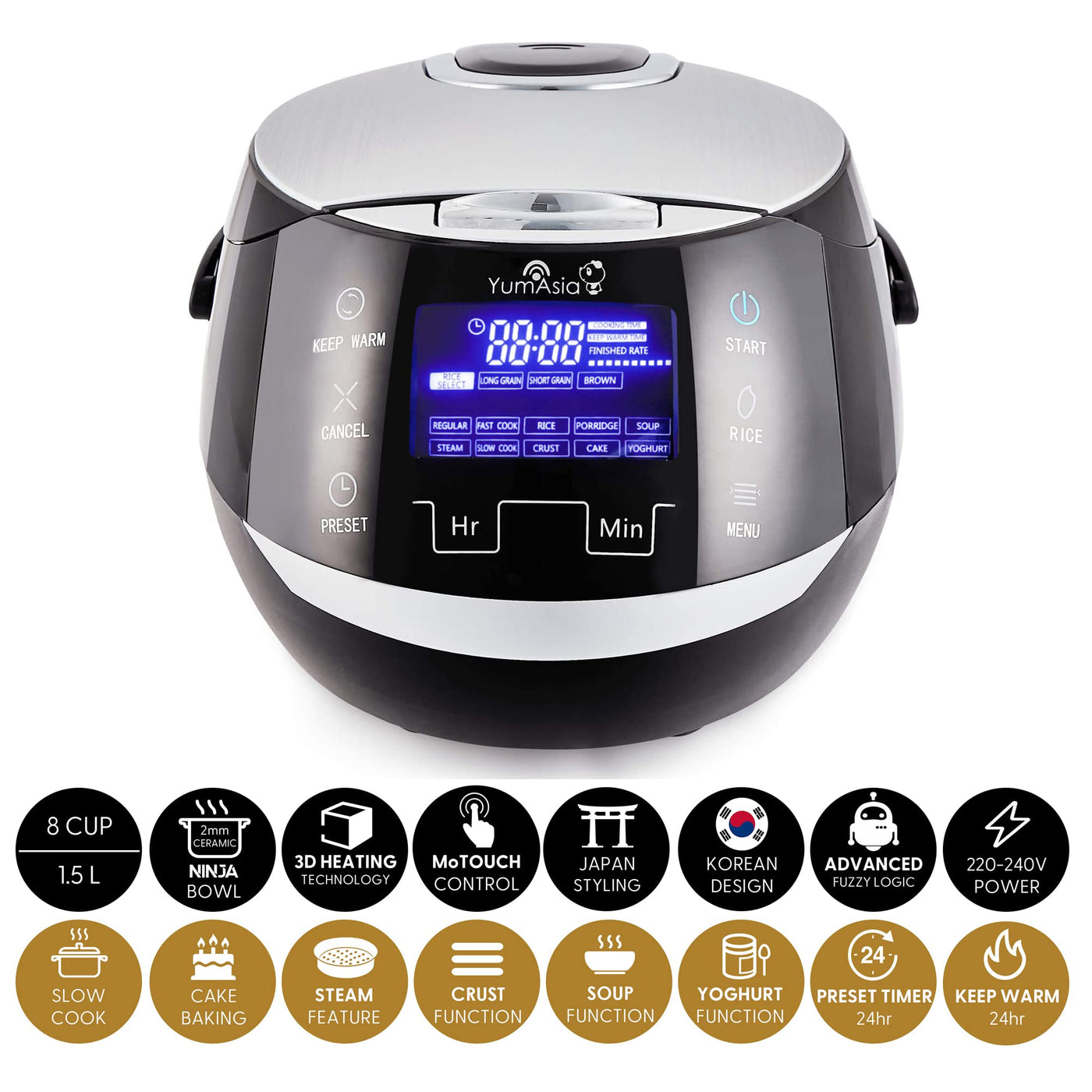 Yum Asia Sakura Reiskocher mit Keramikschale und Advanced Fuzzy Logic (8 Tassen, 1,5 Liter), 6 Reiskochfunktionen, 6 Multikocherfunktionen, Motouch LED-Display, 220-240V EU (schwarz und silber)